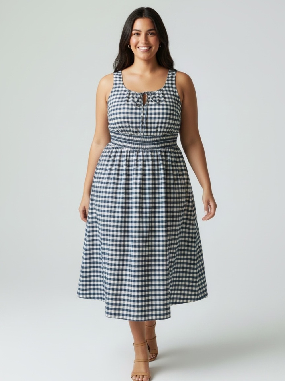 Blue White Gingham Smocked Short Sleeve Midi Dress XL